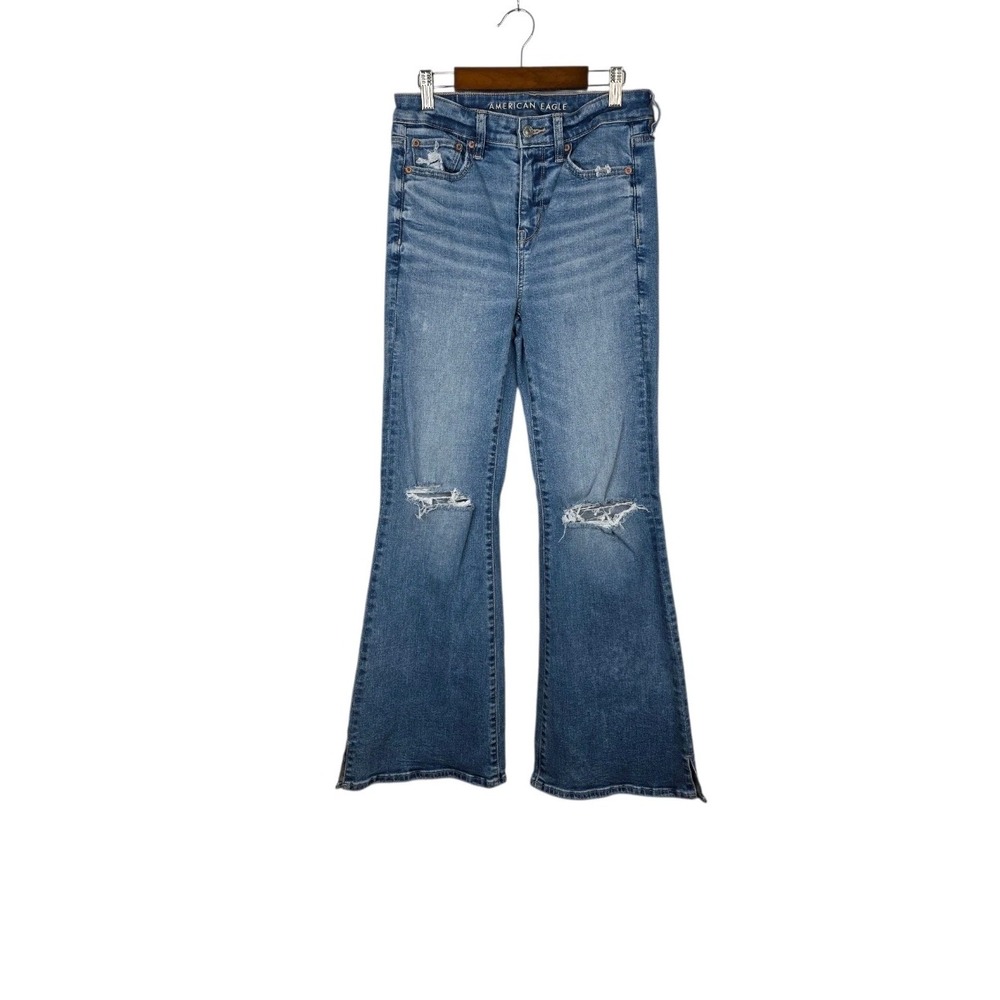 American Eagle Jeans Super Hi-Rise Flare Stretch Blue Denim Distressed Size 4